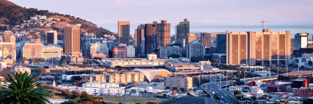 Aerial panoramic view of downtown Cape Town skyline at sunrise stock photo