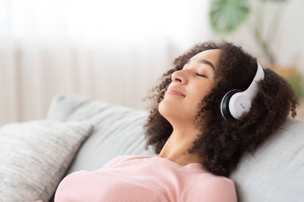 istock Peace of mind at home, free time and relaxation with audio application 1305452680
