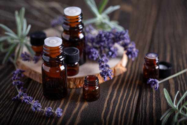 istock Set with different dark glass bottles with essential oils 1305452739