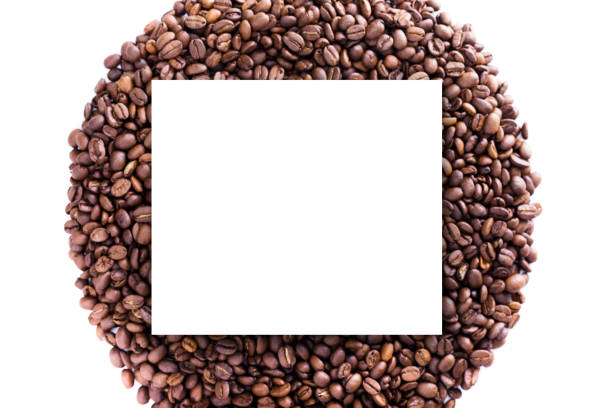 roasted beans background with coffee grains, white epmty board - epmty imagens e fotografias de stock