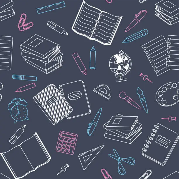 Vector illustration of Drawn school items and office stationary on а blackboard background. Seamless pattern