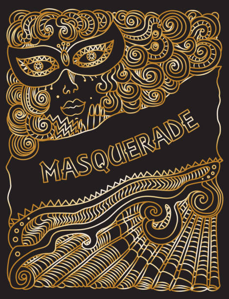 Vector abstract Masquerade drawing. Carnival Party invitation card. Mardi Gras holiday greeting. Black and gold hand drawn doodle sketch. Lady in mask, Baroque wig, fan, bow, scrolls, confetti Vector abstract Masquerade drawing. Carnival Party invitation card. Mardi Gras holiday greeting. Black and gold hand drawn doodle sketch. Lady in mask, Baroque wig, fan, bow, scrolls, confetti vintage garter belt stock illustrations