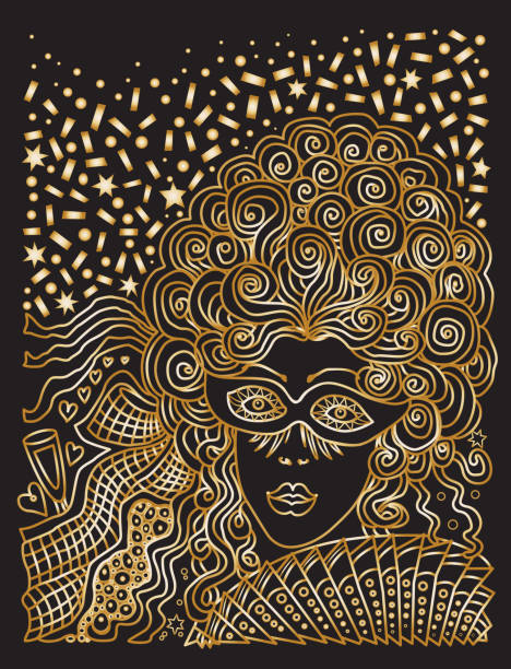 Vector abstract Masquerade drawing. Carnival Party invitation card. Mardi Gras holiday greeting. Gold and black hand drawn doodle sketch. Lady in mask, baroque wig, fan, bow, scrolls, confetti Vector abstract Masquerade drawing. Carnival Party invitation card. Mardi Gras holiday greeting. Gold and black hand drawn doodle sketch. Lady in mask, baroque wig, fan, bow, scrolls, confetti vintage garter belt stock illustrations