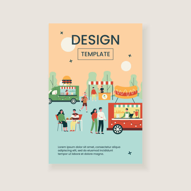 Different people relaxing on street food festival Different people relaxing on street food festival isolated flat vector illustration. Cartoon crowd walking on fair and eating in park. Summer event and vacation concept street food stock illustrations