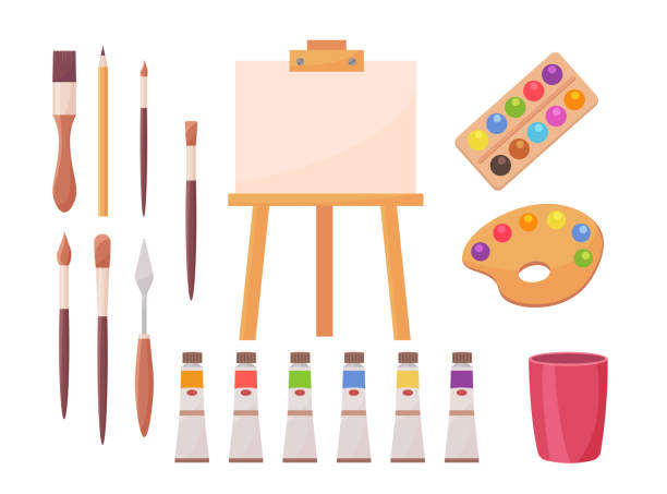 ilustrações, clipart, desenhos animados e ícones de conjunto de suprimentos de desenho - tempera painting paint art bottle