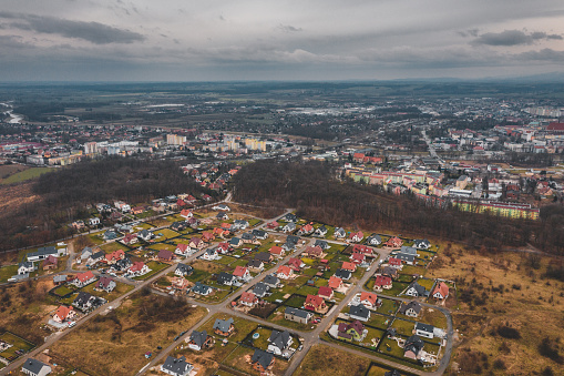 Aerial view of a single-family housing estate in the suburbs of Nysa, south-west Poland.