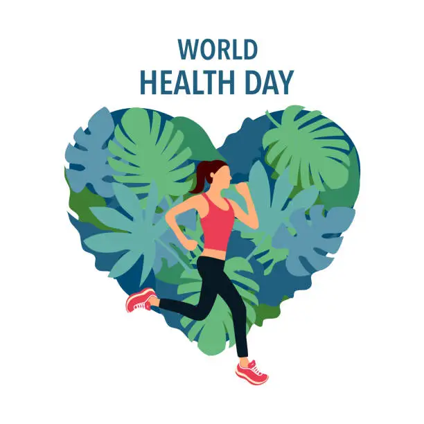 Vector illustration of World health day concept vector illustration on white background. Woman running with tropical leaves in heart shape on background flat design.