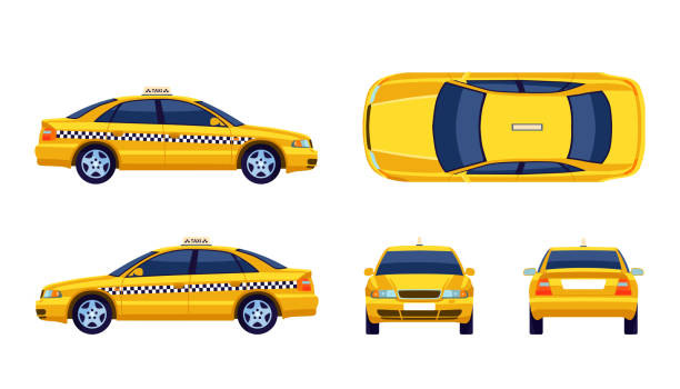 illustrazioni stock, clip art, cartoni animati e icone di tendenza di diverse vedute dell'auto gialla del taxi - taxi
