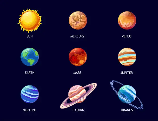 Vector illustration of Colorful planets of solar system flat pictures set