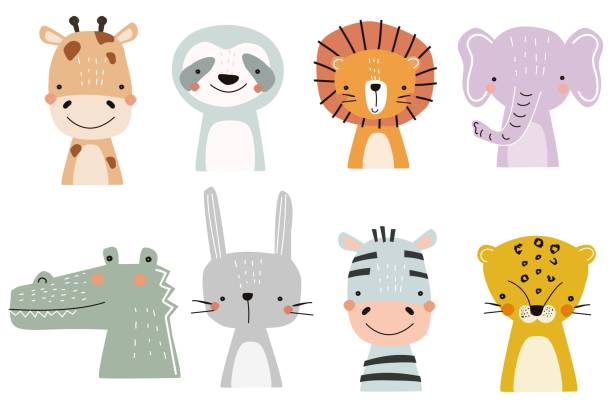 ilustraciones, imágenes clip art, dibujos animados e iconos de stock de conjunto de lindos animales de diseño sobre fondo blanco. ilustración vectorial para imprimir en tela, postal, papel de envolver, libro, imagen, fondo de pantalla. lindo fondo de bebé. - only animals