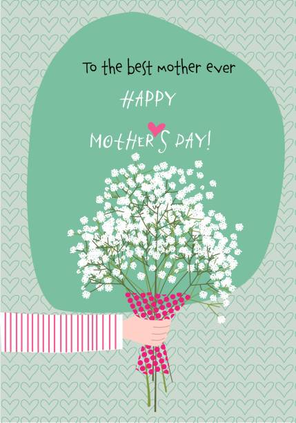 illustrazioni stock, clip art, cartoni animati e icone di tendenza di biglietto d'auguri per la festa della mamma con la mano che dona fiori - mothers day or children and female and mother not icons not fathers day not tulips not backgrounds