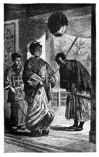 Japan lady or noblewoman with maid and samurai. Culture and history of Asia. Vintage antique black and white illustration. 19th century.