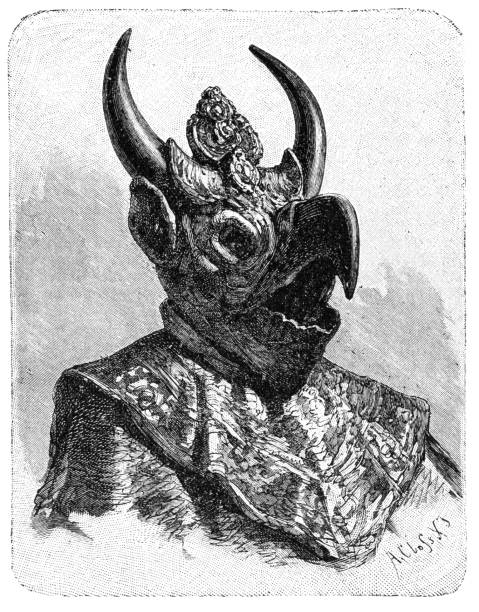 Tibetan Lama with Mask of God. Tibet. History and Culture of Asia. Antique Vintage Illustration. 19th Century Tibetan lama with mask of god. Tibet. Culture and history of Asia. Vintage antique black and white illustration. 19th century. tibetan ethnicity stock illustrations