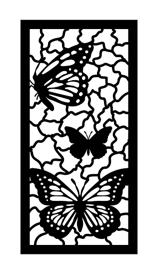 Cnc pattern with butterfly. Decorative panel, screen,wall. Vector butterfly cnc panel for laser cutting. Template for interior partition, room divider, privacy fence.