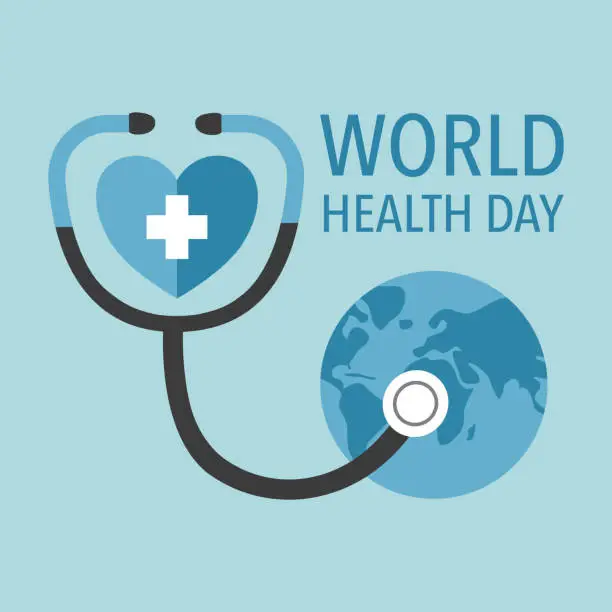 Vector illustration of World health day concept vector illustration. Stethoscope with heart and earth planet in flat design.