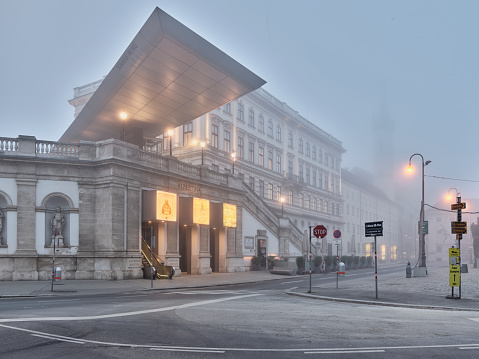 Vienna, Austria, November 24, 2020, outside the Albertina Museum Vienna, morning fog , empty street