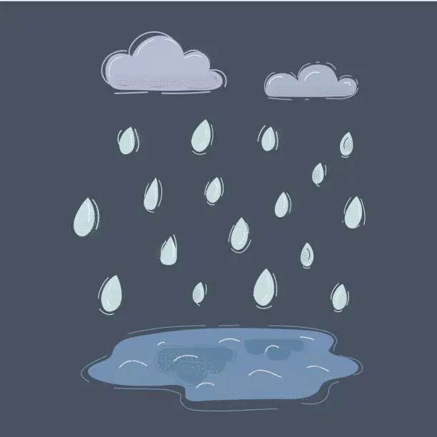 Vector illustration of Vector illustration of autumn and fall rain. Puddle, waterdrop and clouds on dark background.