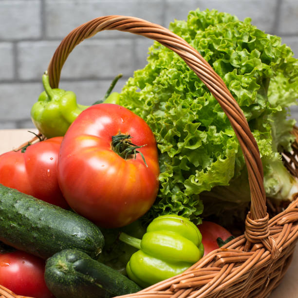 istock Fresh vegetables in basket. Tomato, cucumber, pepper and lettuce 1305477234