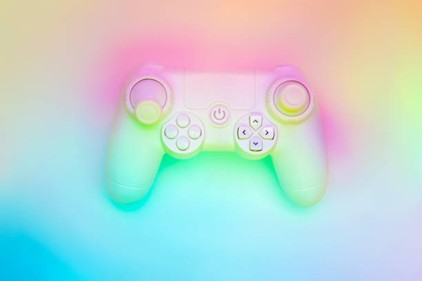 istock Joystick on holographic background. Video game concept 1305477839