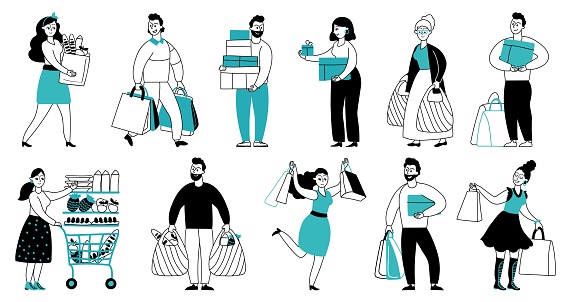 People with purchases. Shop sales, purchase for girl man or woman. Line crazy shopping characters, decent smiling persons with bags vector set. Customer people happy with purchase illustration
