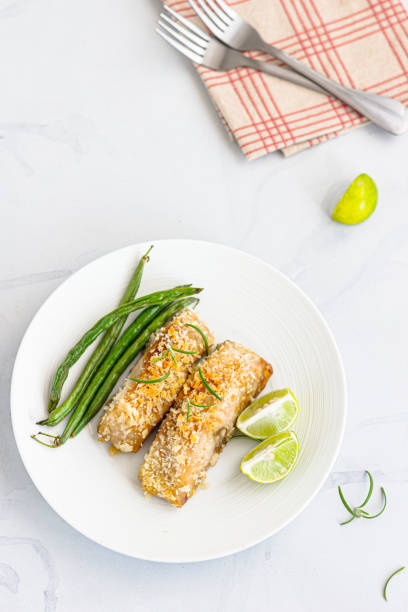 Baked Fish with Green Beans Vertical top Down Photo