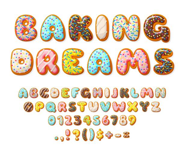 도넛 글꼴. 과자 편지, 빵집 텍스트 번호 알파벳. 케이크와 쿠키, 고립 된 아기 유약 디저트. 컬러 3d 페이스트리 최근 벡터 세트 - donut stock illustrations