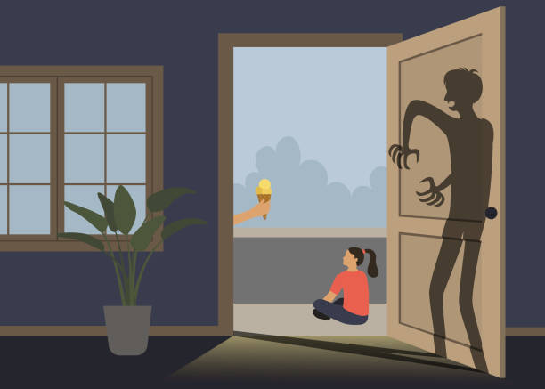 ilustrações de stock, clip art, desenhos animados e ícones de little girl is looking at man, who gives her ice cream. big scary dark shadow wants to hurt little girl. - paedophilia