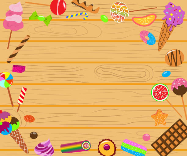 ilustrações de stock, clip art, desenhos animados e ícones de sweets elements frame on wooden background. candies collection. chocolate bars, candies and other sweet food. lollipops, marshmallows, sweets and chocolate. modern vector flat image design - gum drop copy space sweet food gelatin dessert