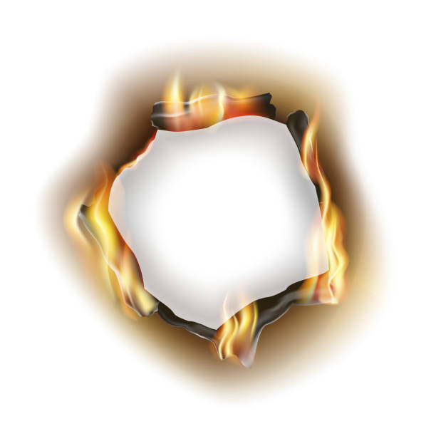 Paper hole and fire Paper hole and fire, flame on white background, element for packaging and design. at the edge of burnt frame grunge stock illustrations