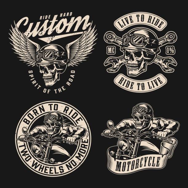 ilustraciones, imágenes clip art, dibujos animados e iconos de stock de etiquetas monocromáticas vintage para motocicletas personalizadas - animal skeleton illustrations