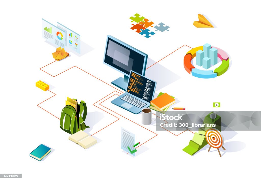 Online Programming Training Isometric Illustration With A Desktop And ...