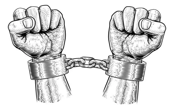 Vector illustration of Prisoner Shackles Chained Hands Vintage Woodcut