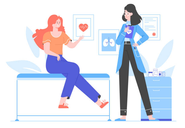 illustrazioni stock, clip art, cartoni animati e icone di tendenza di la ragazza all'appuntamento del dottore. il paziente è seduto su un divano in clinica. assistenza sanitaria, visita medica, diagnosi, trattamento delle malattie. illustrazione piatta vettoriale. - ambulatorio medico