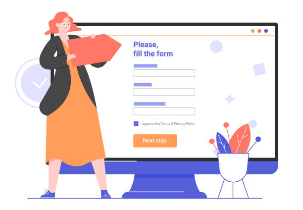 Girl stands near a big computer monitor with an arrow in her hands. Points out the registration form in the web site. Please fill the form. Vector flat illustration. Girl stands near a big computer monitor with an arrow in her hands. Points out the registration form in the web site. Please fill the form. Vector flat illustration. form stock illustrations