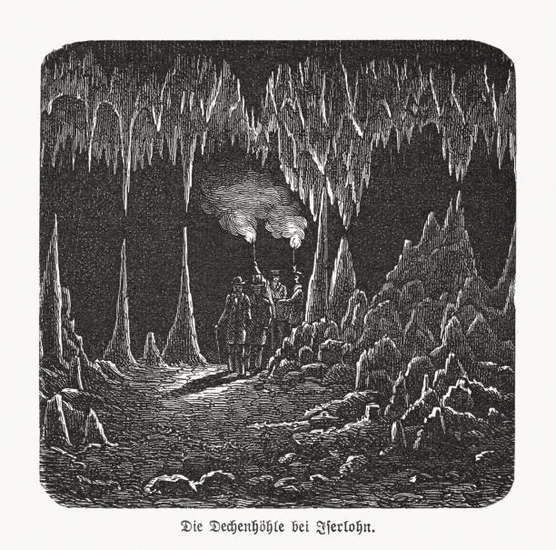 Historical view of the Dechen Cave near Iserlohn, North Rhine-Westphalia, Germany. Wood engraving, published in 1893.