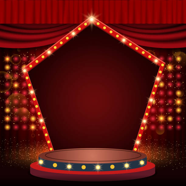 istock Background with red curtain and arch banner. Design for presentation, concert, show 1305486522
