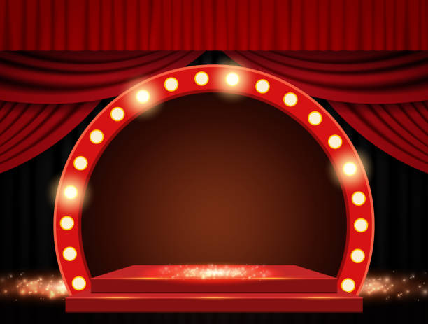 istock Background with red curtain and arch banner. Design for presentation, concert, show 1305486581