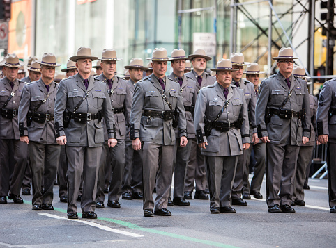 New York, USA - March 17, 2016:  State Troopers at the St. Patrick's Day Parade along 5th Avenue.