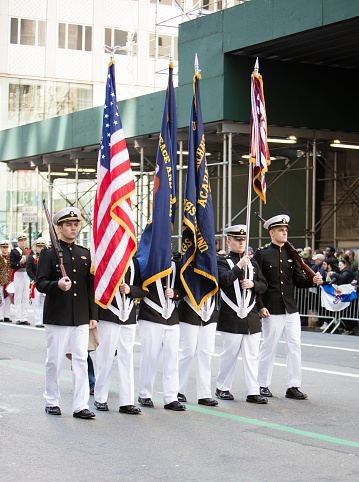 New York, NY, USA - March 17: Navy Cadets at the St. Patrick's Day Parade along 5th Avenue on March 17