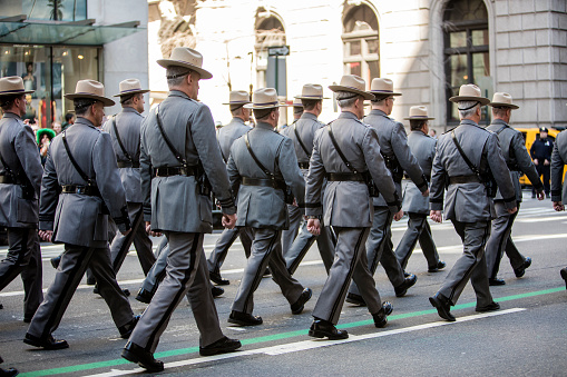 New York, USA - March 17, 2016: State Troopers at the St. Patrick's Day Parade along 5th Avenue.