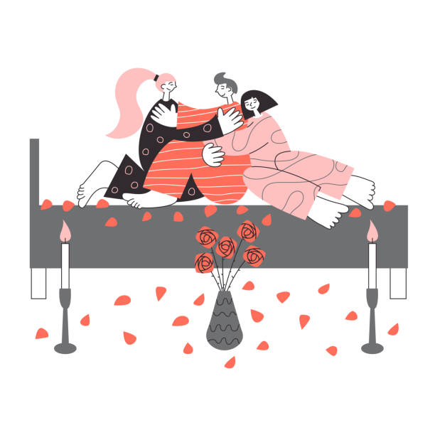 Polyamorous people sex concept. Nonmonogamous open relationship, bigamy and polygamy Valentine day isolated flat vector illustration. LGBT romantic date, diversity and free love rights pride. Three polyamorous people making sex, cuddling hugging on the bed Celebration of polyamory love Valentine day. Romantic date with candles and flowers. polygamy stock illustrations