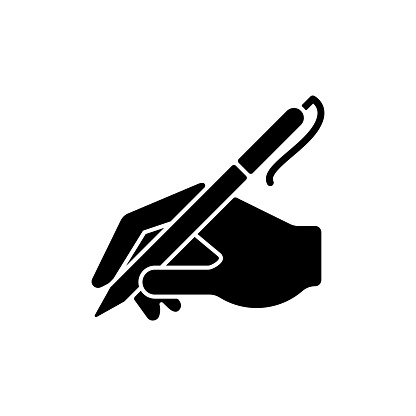 Hand writing with pen black glyph icon. Ability to write correctly. Beautiful handwriting. Signature of documents. Place for signature. Silhouette symbol on white space. Vector isolated illustration