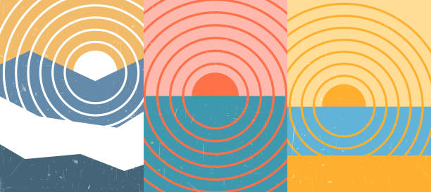 ilustrações de stock, clip art, desenhos animados e ícones de vector illustration. mid century modern. 70s retro funky graphic. grunge texture. minimalist landscape set. abstract shape. design elements for home interior poster, book cover, postcard. nature scene - sunset sun mountain sunrise