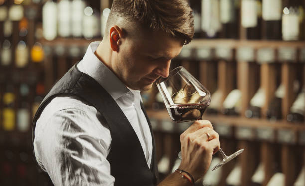 Close-up shot of young sommelier smell red wine on wine cellar background. Close-up shot of young sommelier smell red wine on wine cellar background. Expert in the field of alcoholic beverages. tasting stock pictures, royalty-free photos & images