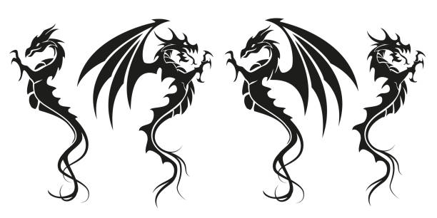 illustrazioni stock, clip art, cartoni animati e icone di tendenza di dragons - tatuaggio simbolo drago, illustrazione vettoriale in bianco e nero - draghi