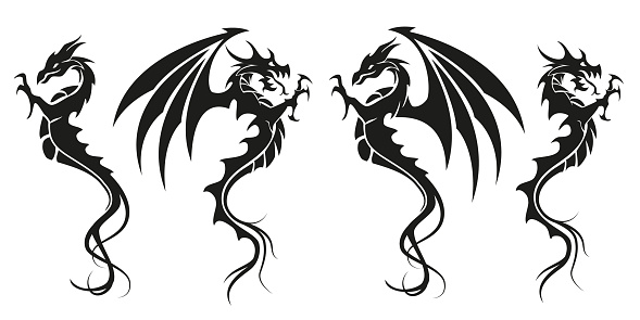 Dragons - Dragon symbol tattoo, black and white vector illustration, isolated on white background