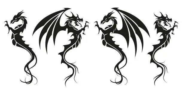 Vector illustration of Dragons - Dragon symbol tattoo, black and white vector illustration