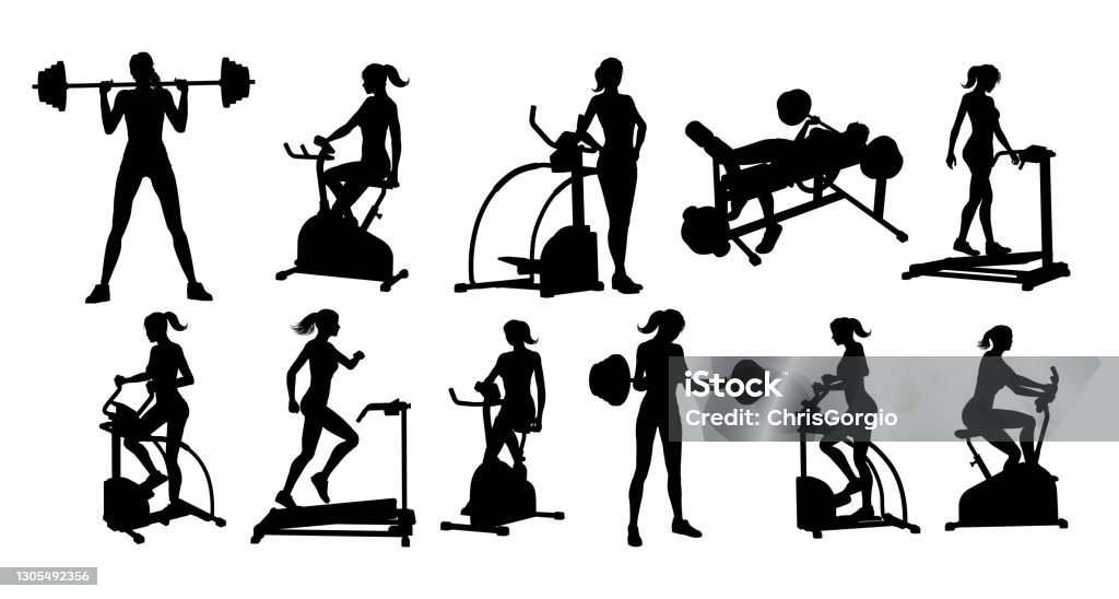 Gym Fitness Equipment Woman Silhouettes Set A woman in silhouette using pieces of gym fitness equipment and machines set In Silhouette stock vector