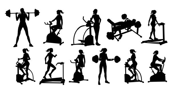 Gym Fitness Equipment Woman Silhouettes Set A woman in silhouette using pieces of gym fitness equipment and machines set gym workout silhouettes stock illustrations