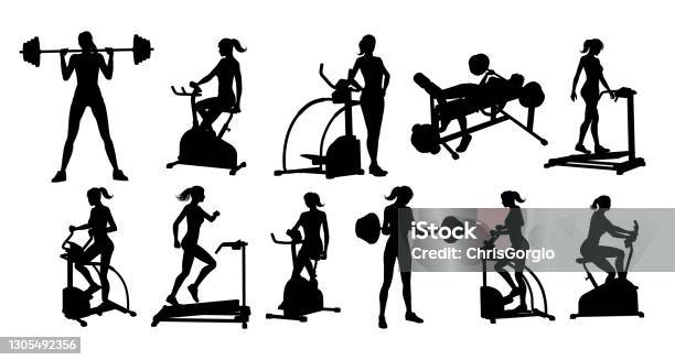 Gym Fitness Equipment Woman Silhouettes Set Stock Illustration - Download Image Now - In Silhouette, Gym, Health Club